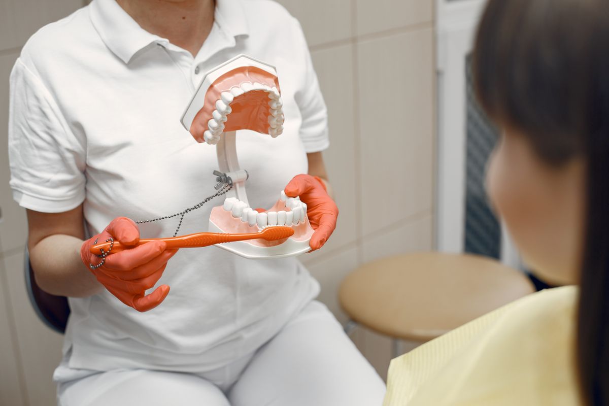 Odontóloga explicando la técnica de cepillado con un modelo dental